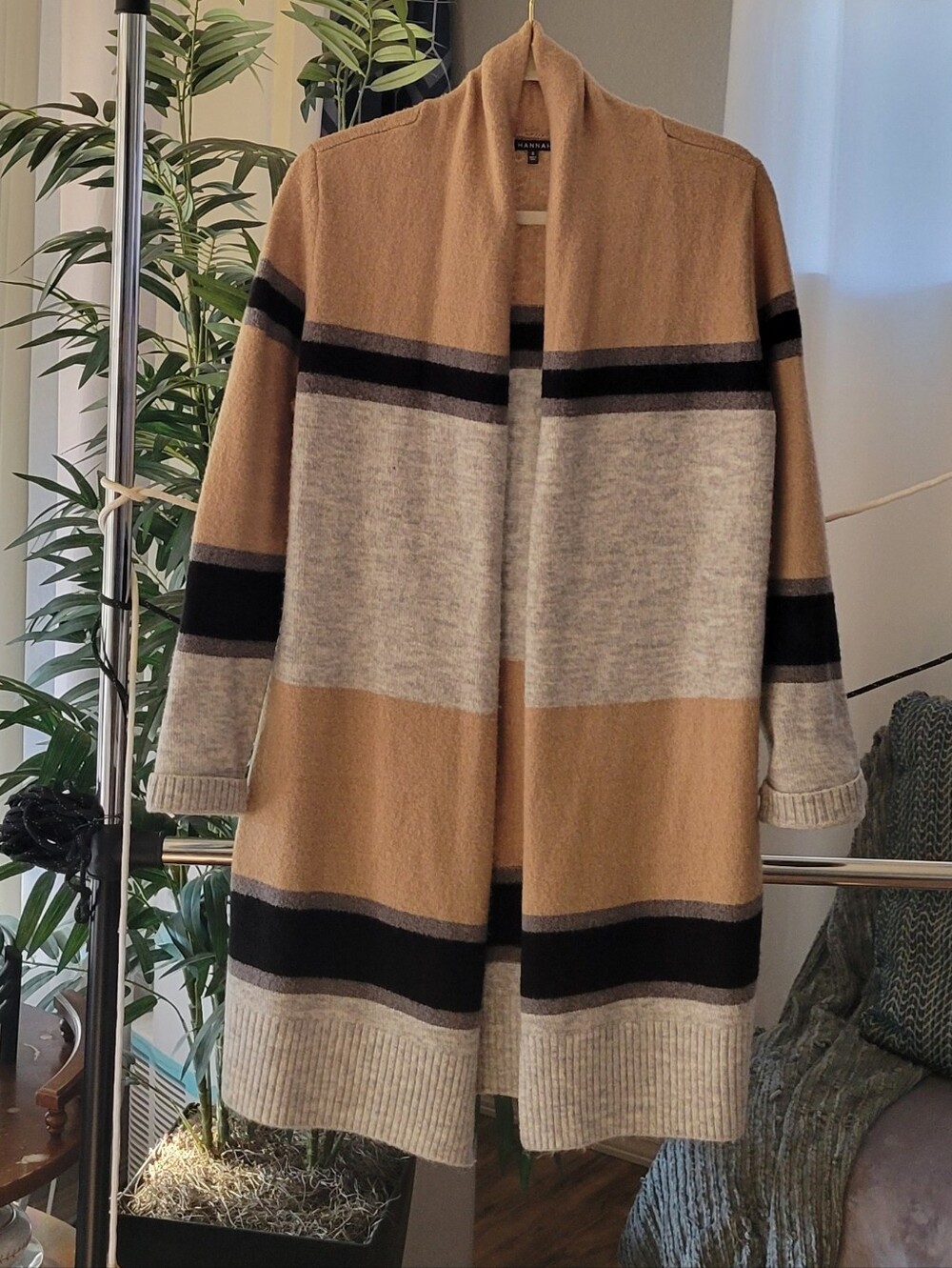 Hannah Women’s Colorblock Open-Front Cardigan - Camel, Gray & Black Small